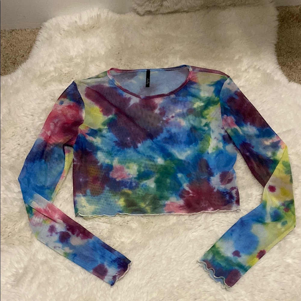 Mesh Tie-Dye Long Sleeve Crop Top